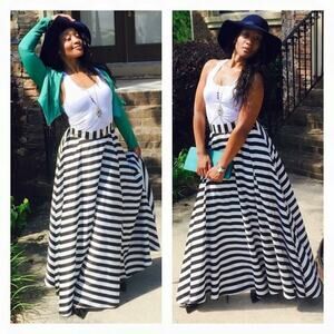 Gracia Black White Striped High Waist A-Line Maxi Skirt XL | Flare